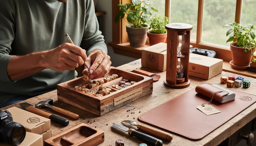 Artisan hands crafting custom wooden poker chips in workshop