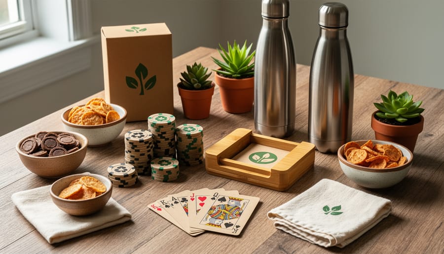 Flat-lay arrangement of eco-friendly poker gift box items including organic snacks and handcrafted accessories