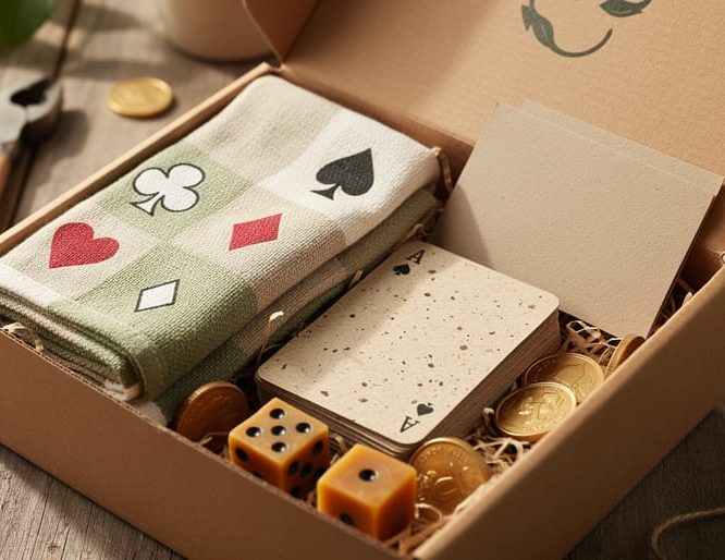 Open bamboo gift box on a wooden table with organic cotton tea towels featuring suit motifs, plantable seed paper playing cards, beeswax candles shaped like dice, fair-trade chocolate coins, a kraft gift card envelope, and a recycled-paper note, with blurred twine and greenery in the background.