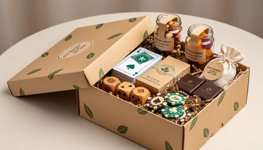 Eco-friendly gift box with sustainable packaging containing artisan poker chips and gaming accessories