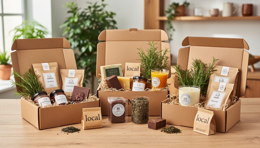 Wooden gift box filled with locally-made organic products including honey, soap, and tea