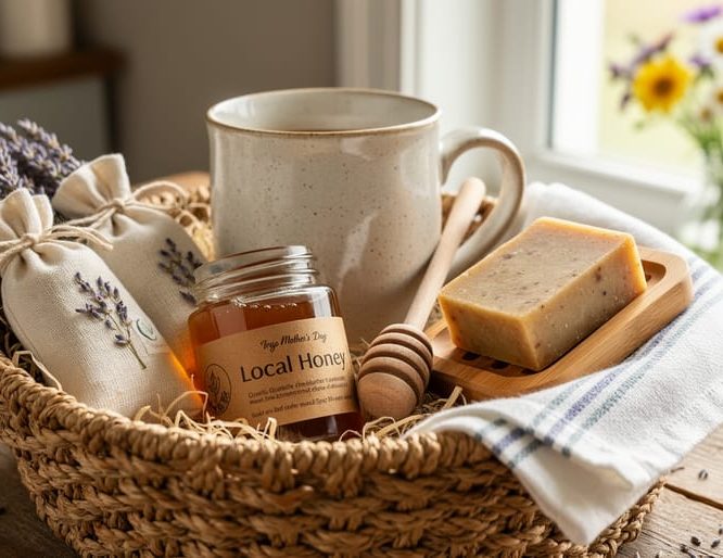 Curated Mother’s Day gift box in a woven basket with ceramic mug, local honey and dipper, lavender sachets, handmade soap on a bamboo dish, and folded organic cotton tea towel on a rustic table in soft morning light.