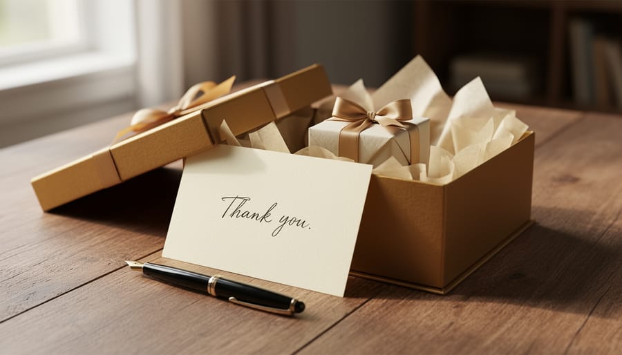 Close-up of hands holding handwritten card beside personalized gift box