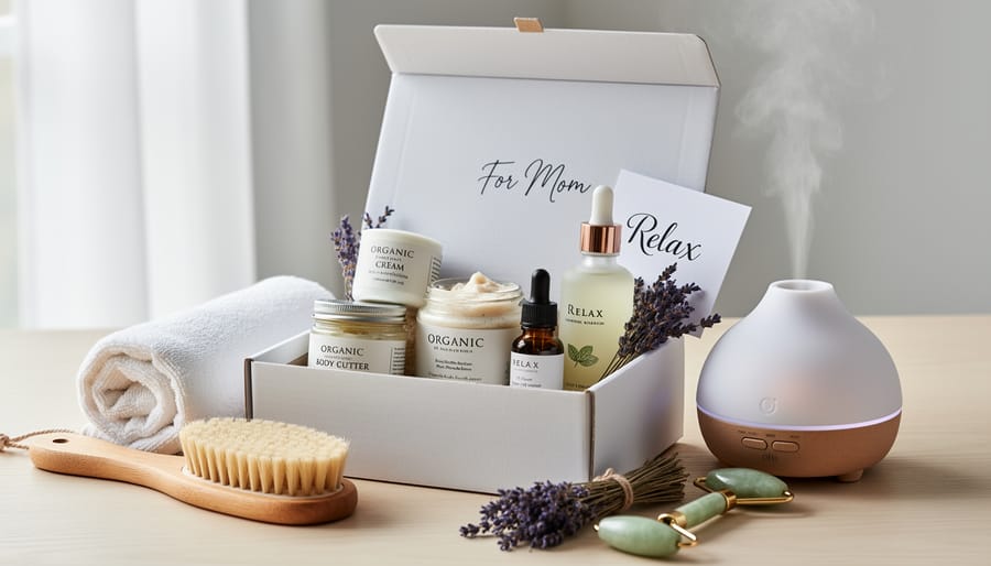 Overhead view of wellness gift box with organic lavender products, candles, and natural spa items