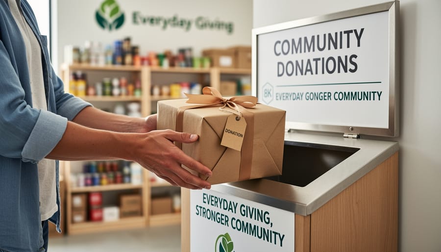 A volunteer’s hands place a wrapped gift box into a donation bin in a community setting.