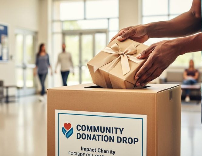 A volunteer’s hands place a wrapped gift box into a donation bin at a community setting.