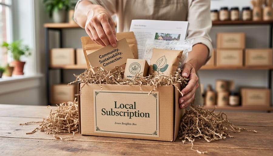 Artisan hands packing a recycled cardboard subscription box with kraft paper and twine