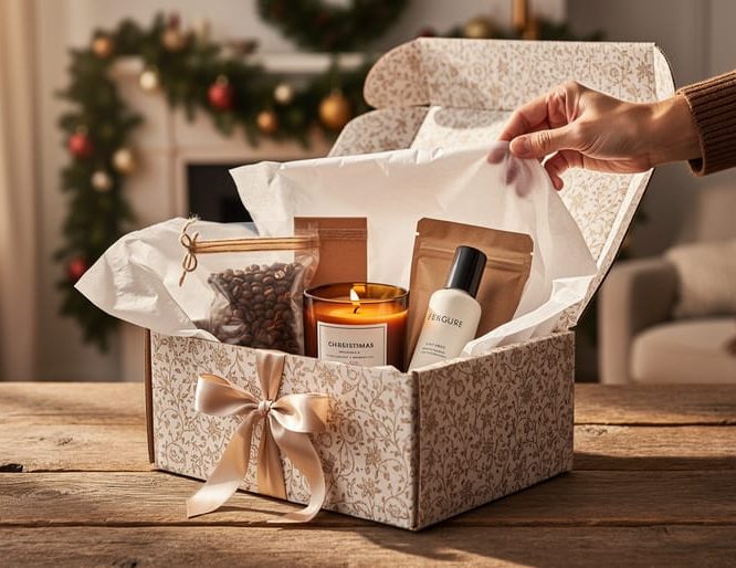 A person’s hands opening a Christmas subscription box with artisan craft items on a wooden table in a cozy holiday living room.