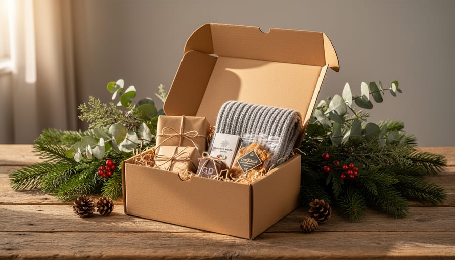 Wrapped Christmas subscription box gift with pine and eucalyptus accents on a table
