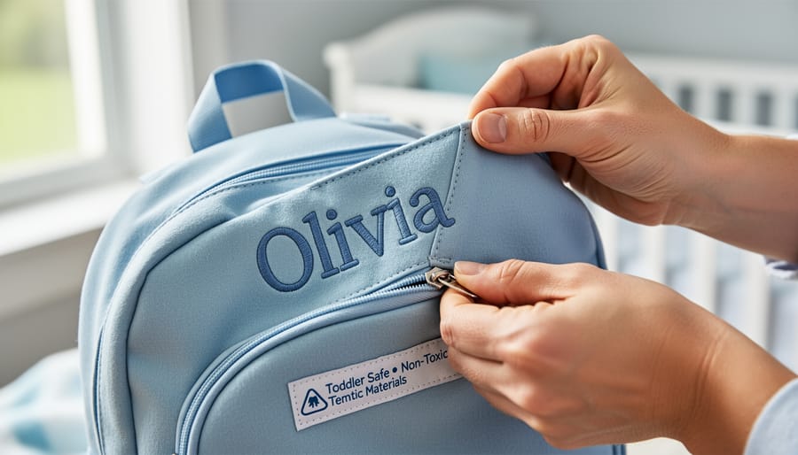 Close-up of hands checking the stitching and fabric texture of a personalized soft gift item.