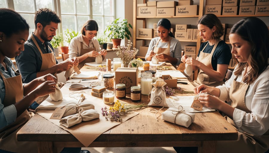 Hands packing a small keepsake in recyclable kraft packaging in a bright workshop