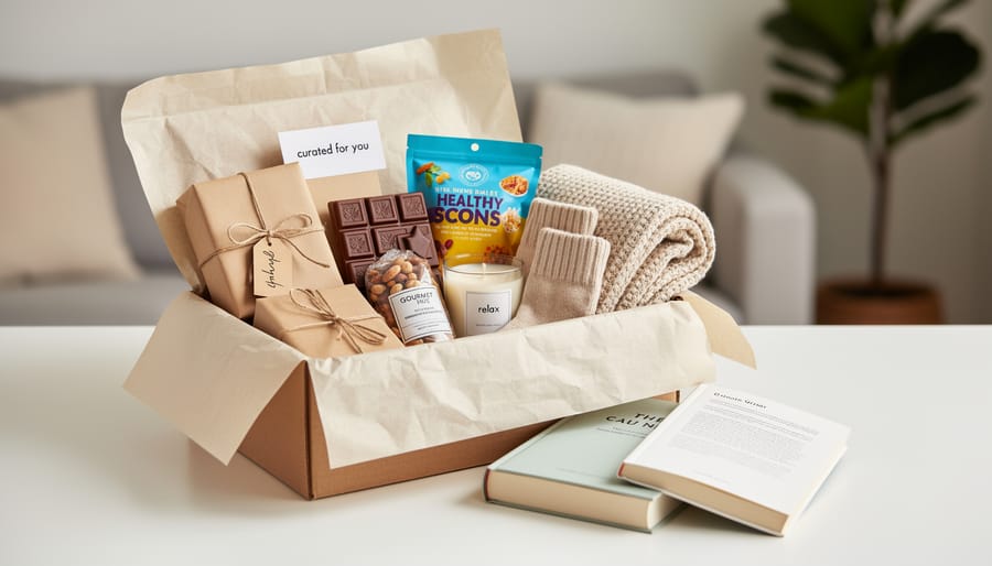 Open subscription box showing assorted gift items on a wooden table
