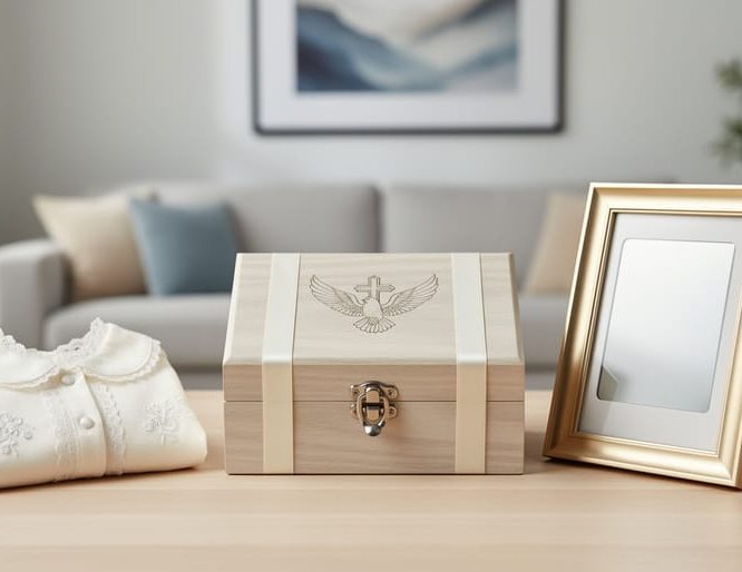 Close-up of a personalized baptism gift set featuring an engraved memory box with religious symbols, a folded christening gown, and a baptism photo frame on a light wood table.