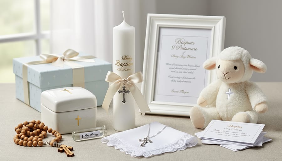 Baptism gift set including a personalized photo frame and embroidered blanket arranged on a table near church decor