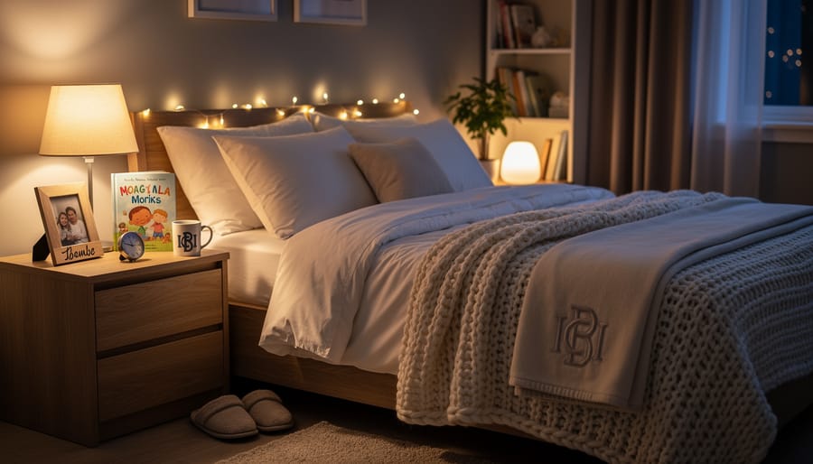 Warm bedside night light beside a personalized storybook and knitted swaddle in a toddler room