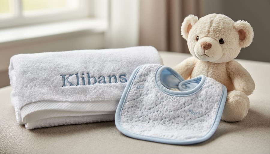 Close-up of personalized toddler bath towel, bib, and plush comfort animal with visible fabric texture