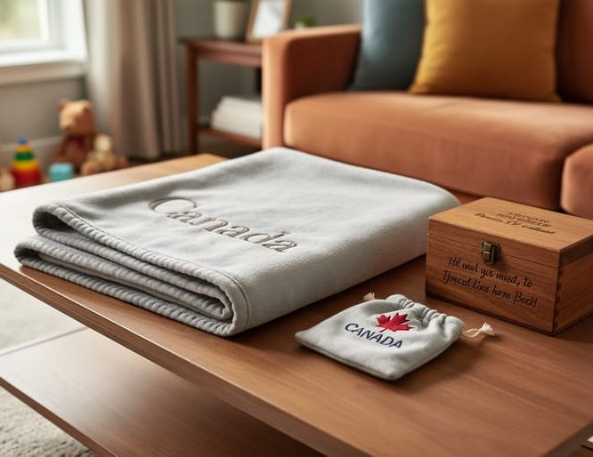 Close-up of a personalized toddler blanket and embroidered keepsake items arranged on a living-room table with warm natural light.