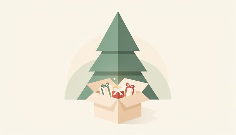 Person placing a wrapped Christmas subscription box under a Christmas tree