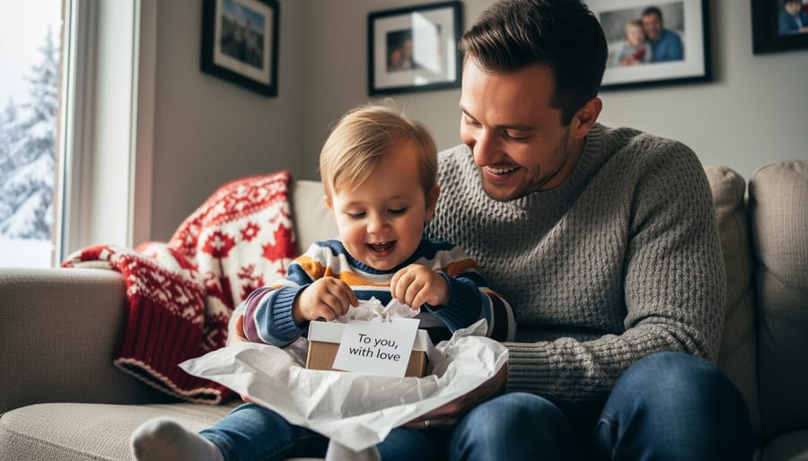 A parent and toddler look at a wrapped personalized gift in a living room with soft natural light.