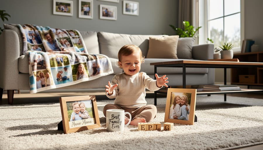 Toddler reaching toward a personalized name blanket and wooden keepsake box on a living-room floor