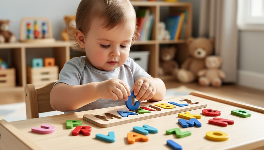 A toddler plays with a wooden personalized name puzzle while a parent gently helps.