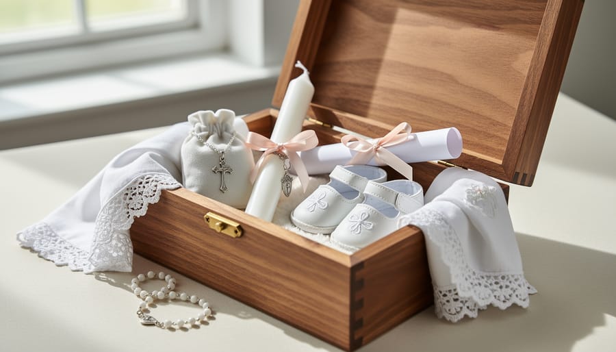 A wooden baptism memory box with an engraved cross charm, dove token, and keepsake card placed on linen