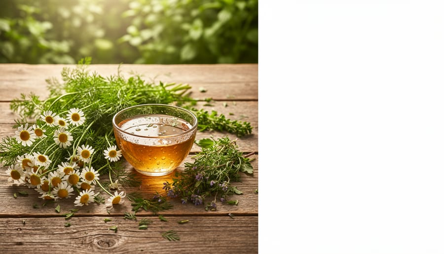 Macro view of green herbs and chamomile flowers on linen cloth with a bowl of honey nearby.