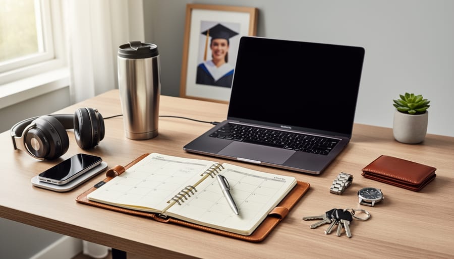 Leather wallet and notebook on a desk in warm golden light, symbolizing practical graduation gifts for the transition ahead.