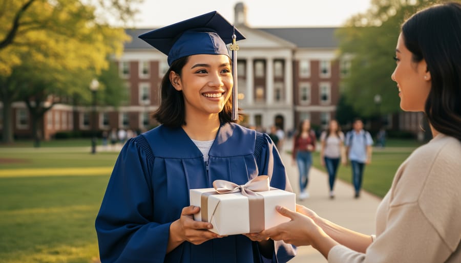 A male college graduate in a cap and gown holding a gift box tied with twine on a campus walkway.