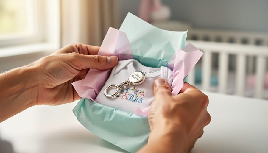 Close-up of hands unwrapping a baby keepsake gift box on a table