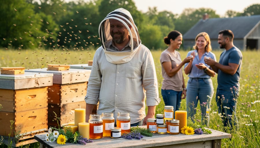 Beekeeper in protective veil standing near wooden hive boxes outdoors with bees visible in the air.