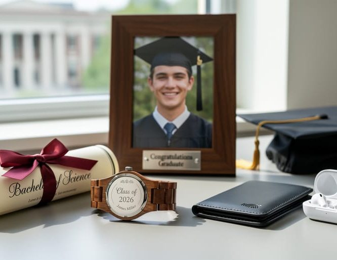 Graduation keepsake items on a desk, including an engraved wooden watch, diploma tube with ribbon, a framed photo, an RFID-blocking wallet, and wireless earbuds.