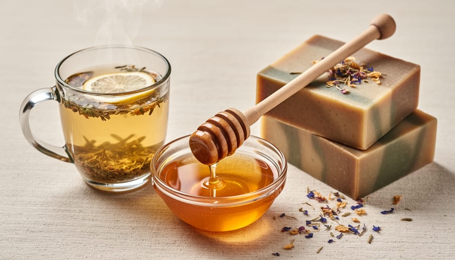 Hands arranging natural wellness items like honey jars, herbal tea sachets, and a natural soap bar on a kitchen table.