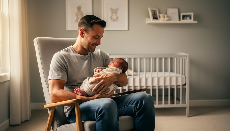 New dad holding a swaddled newborn in a softly lit nursery