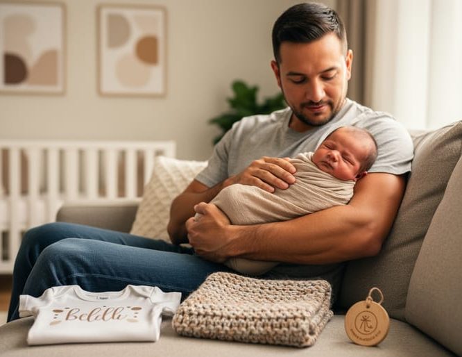 New dad holding his baby on a couch with nearby personalized baby gifts including a onesie, blanket, and small ornament-like keepsake.