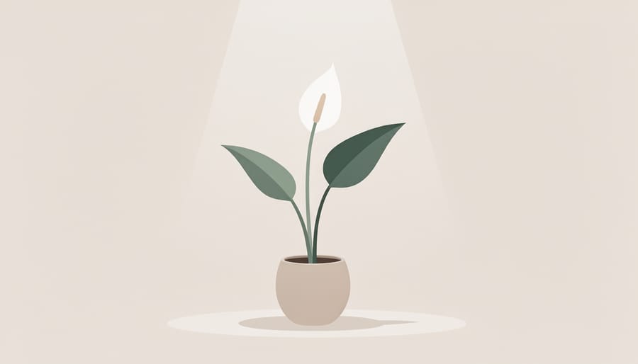 Potted peace lily with white blooms and green leaves in warm golden light.