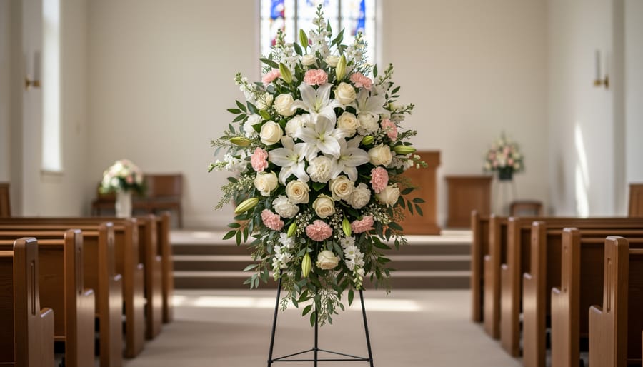 White chrysanthemum and gladiolus funeral standing spray with greenery in a softly lit service room.