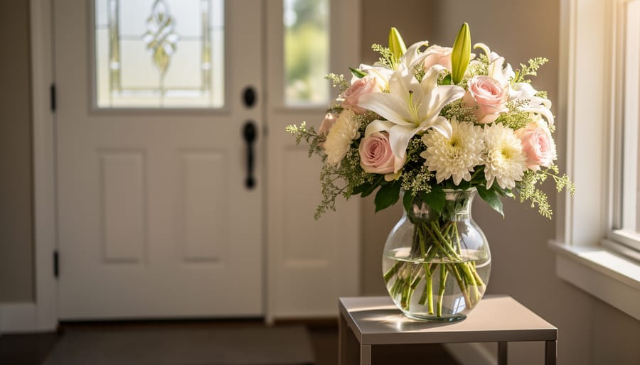 A hand gently adjusts a white lilies and pink roses sympathy bouquet with eucalyptus on a wooden table near the entryway.