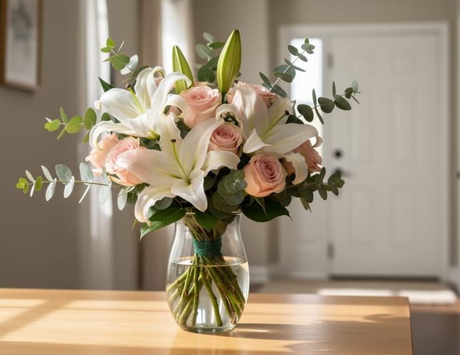 A close-up sympathy bouquet with white lilies, pink roses, and eucalyptus leaves on a wooden table near a softly lit home entryway.