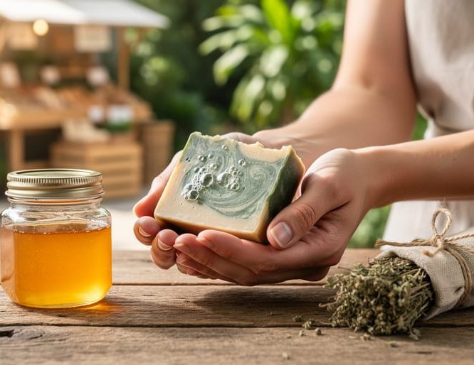 Hands holding an organic handmade soap bar with honey and dried herbs on a rustic wooden table in a natural, local-producer setting.