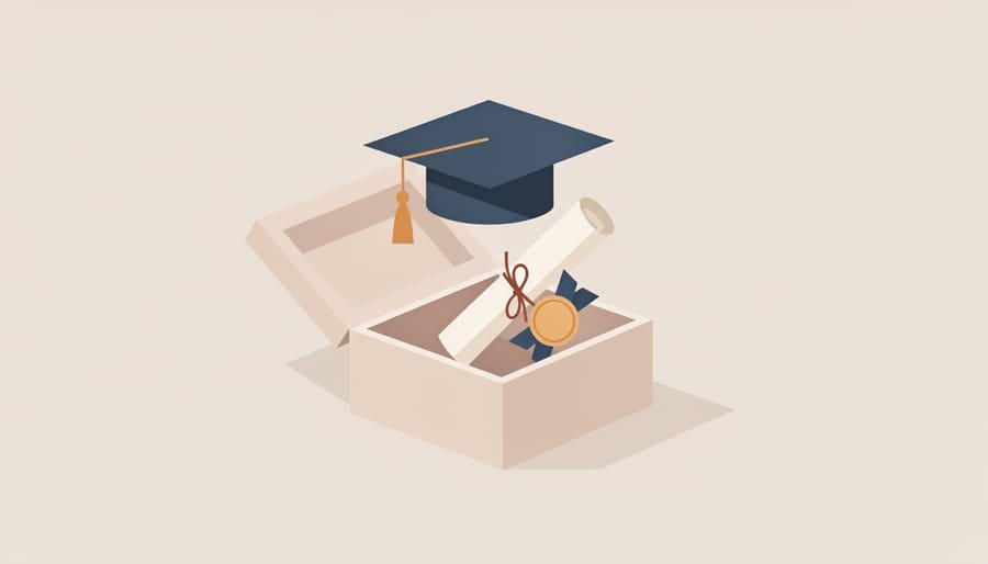 A wooden keepsake box on a desk holding graduation memorabilia like a tassel, a photo, and rolled papers.